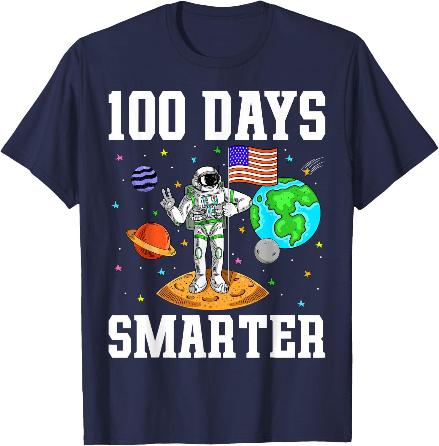 100 Days Smarter Astronaut Planets Kids 100 Days of School T-Shirt - T-Shirt | Navy