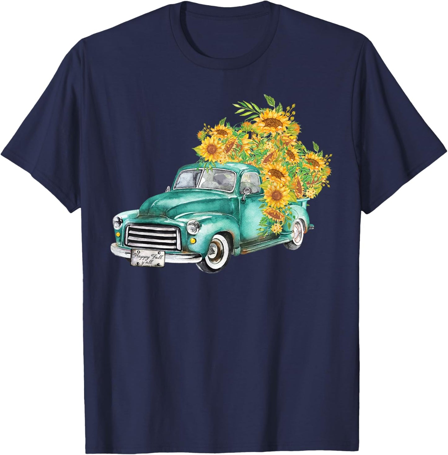 Vintage Truck Sunflowers Happy Fall Y'all T-Shirt - T-Shirt | Navy