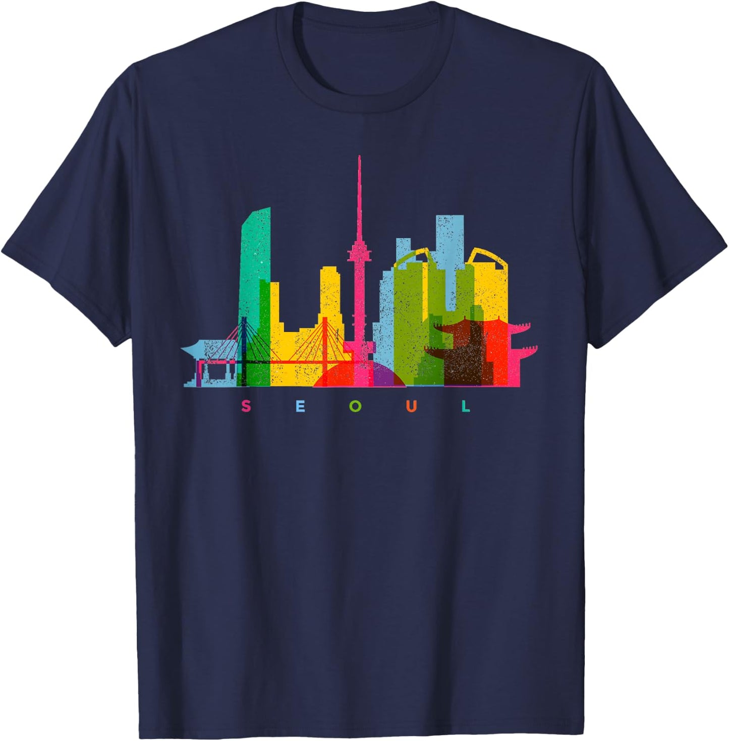 Seoul Skyline South Korea Colourful Vintage Seoul T-Shirt - T-Shirt | Navy