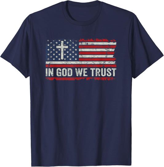in God We Trust - Vintage USA Flag Cross Patriotic Christian T-Shirt - T-Shirt | Navy