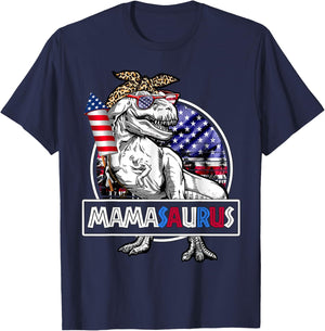 Mamasaurus T Rex Dinosaur Mama Saurus USA Flag 4th Of July T-Shirt - T-Shirt | Navy