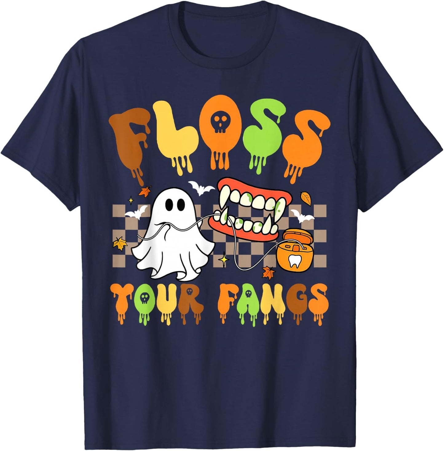 Retro Funny Teeth Floss Your Fangs Dentist Dental Halloween T-Shirt - T-Shirt | Navy