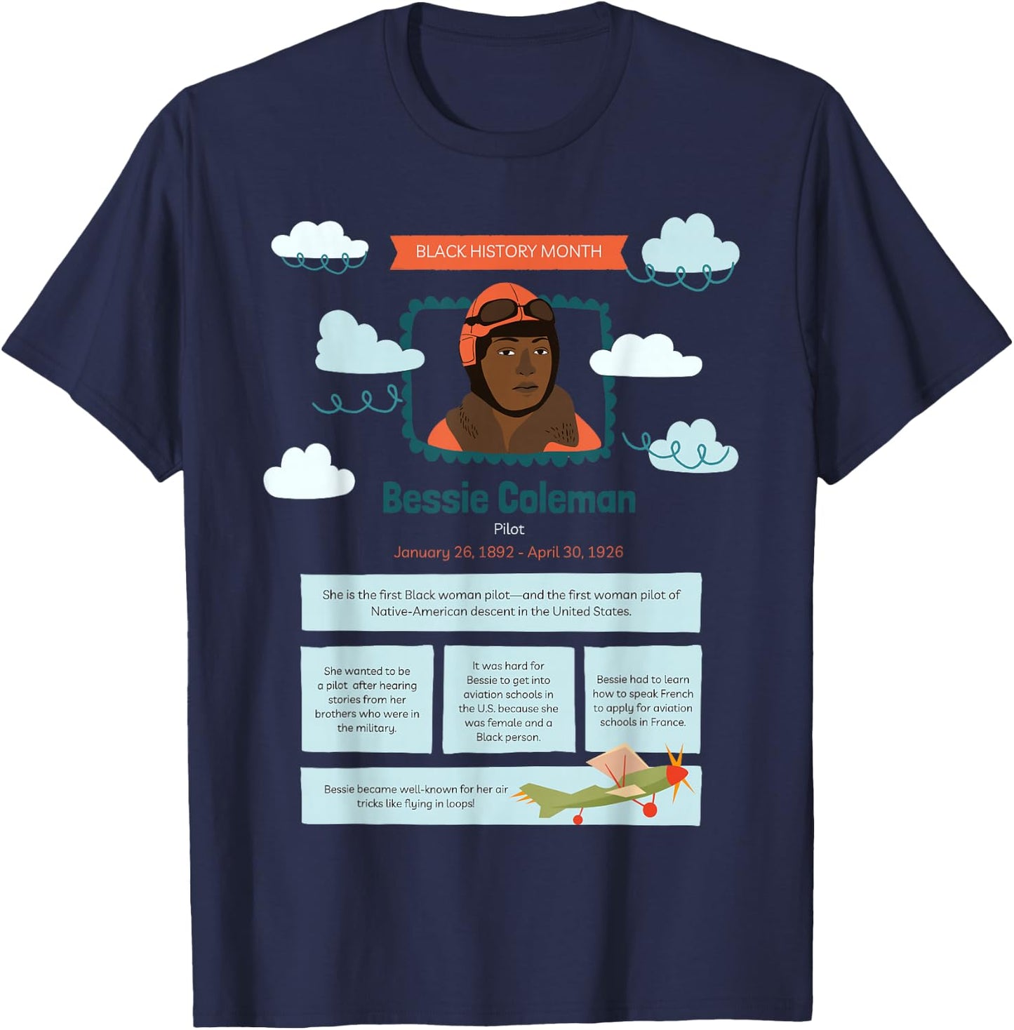 Black History Month Bessie Coleman Pilot T-Shirt - T-Shirt | Navy