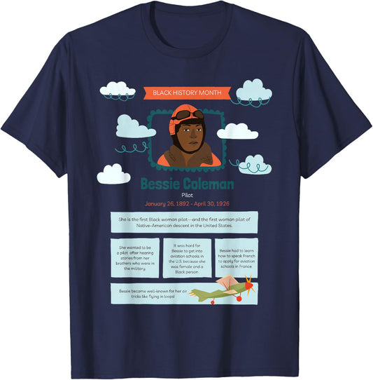 Black History Month Bessie Coleman Pilot T-Shirt - T-Shirt | Navy