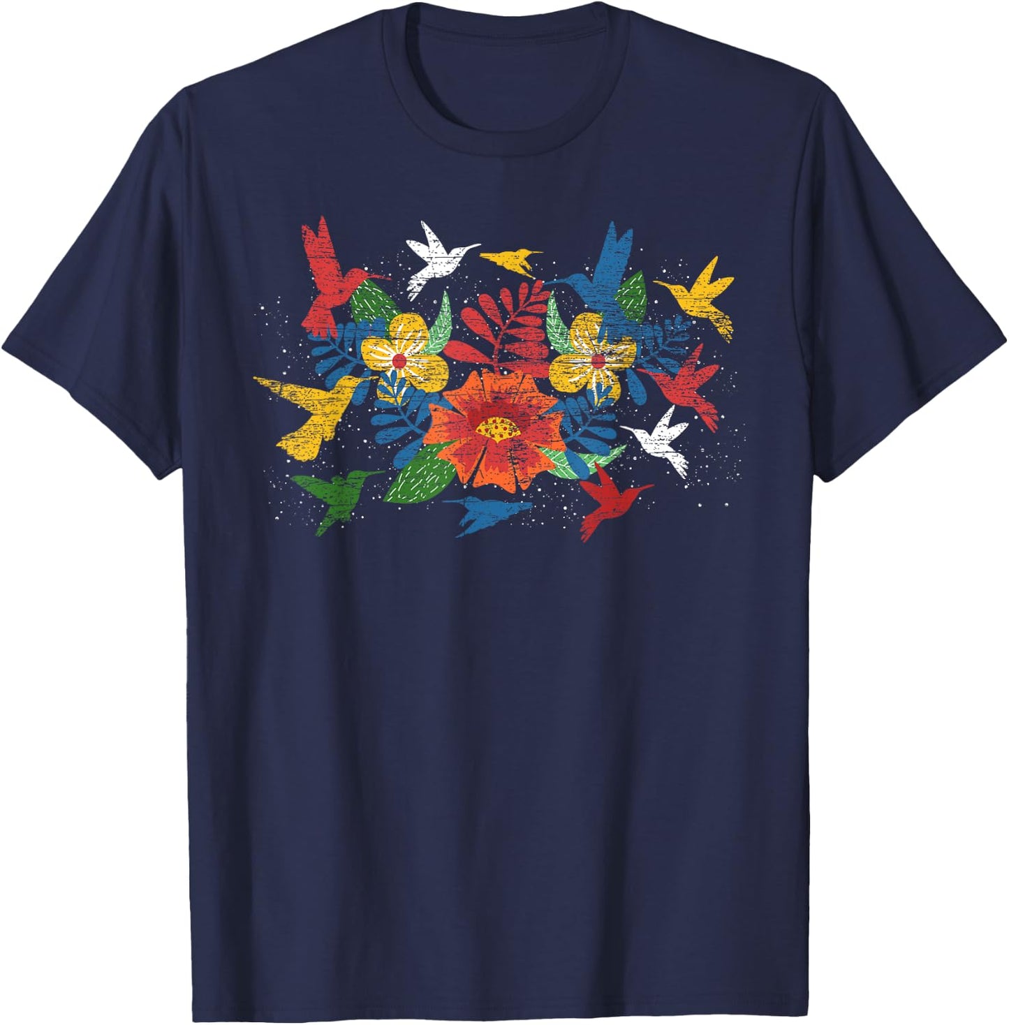 Floral Bird Flowers Hummingbird Animal Vintage Hummingbird T-Shirt - T-Shirt | Navy