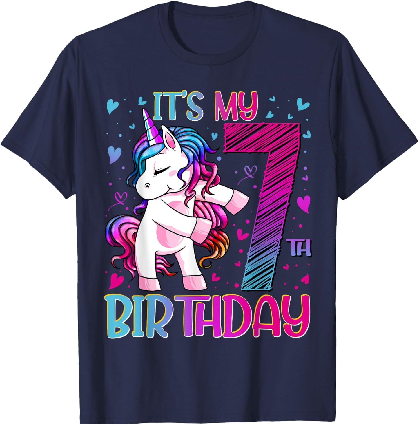 7 Year Old Gifts Unicorn Flossing 7th Birthday Girl Party T-Shirt - T-Shirt | Navy