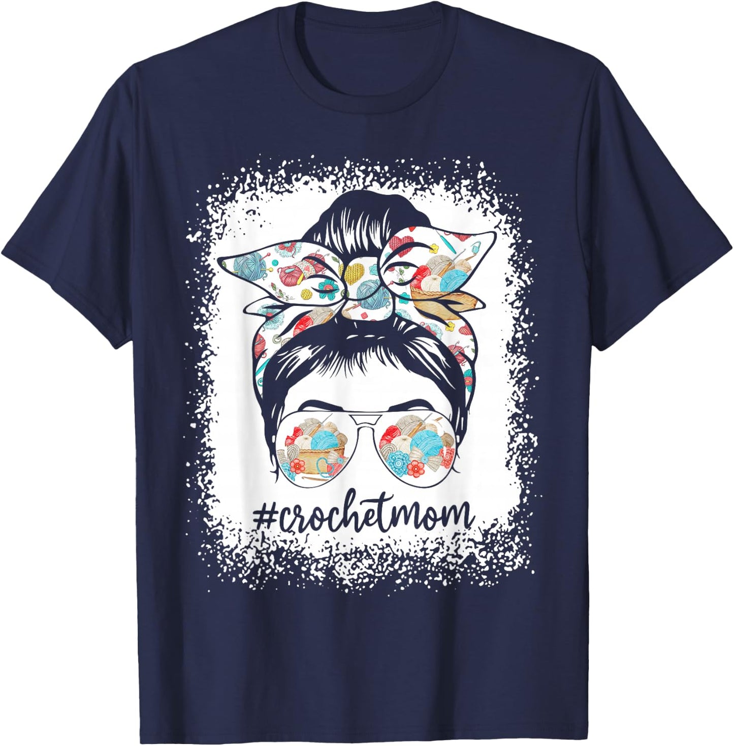 Women Bleached Crochet Mom Messy Bun Crochet Lover T-Shirt - T-Shirt | Navy