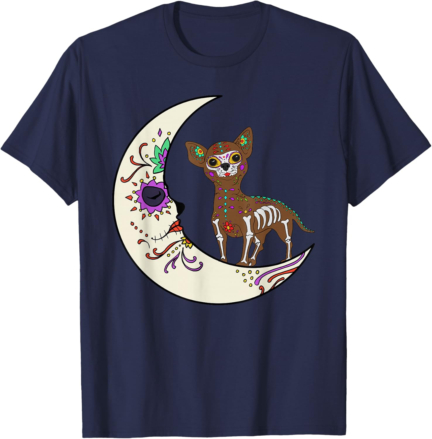 Day of Dead Chihuahua On Moon Dog Chihuahua Sugar Skull Women Kids T-Shirt - T-Shirt | Navy