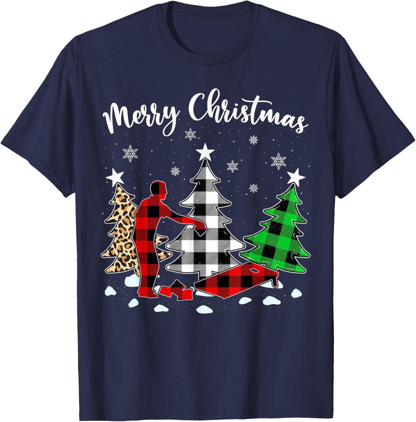 Leopard Buffalo Plaid Matching Cornhole Christmas Pajama T-Shirt - T-Shirt | Navy