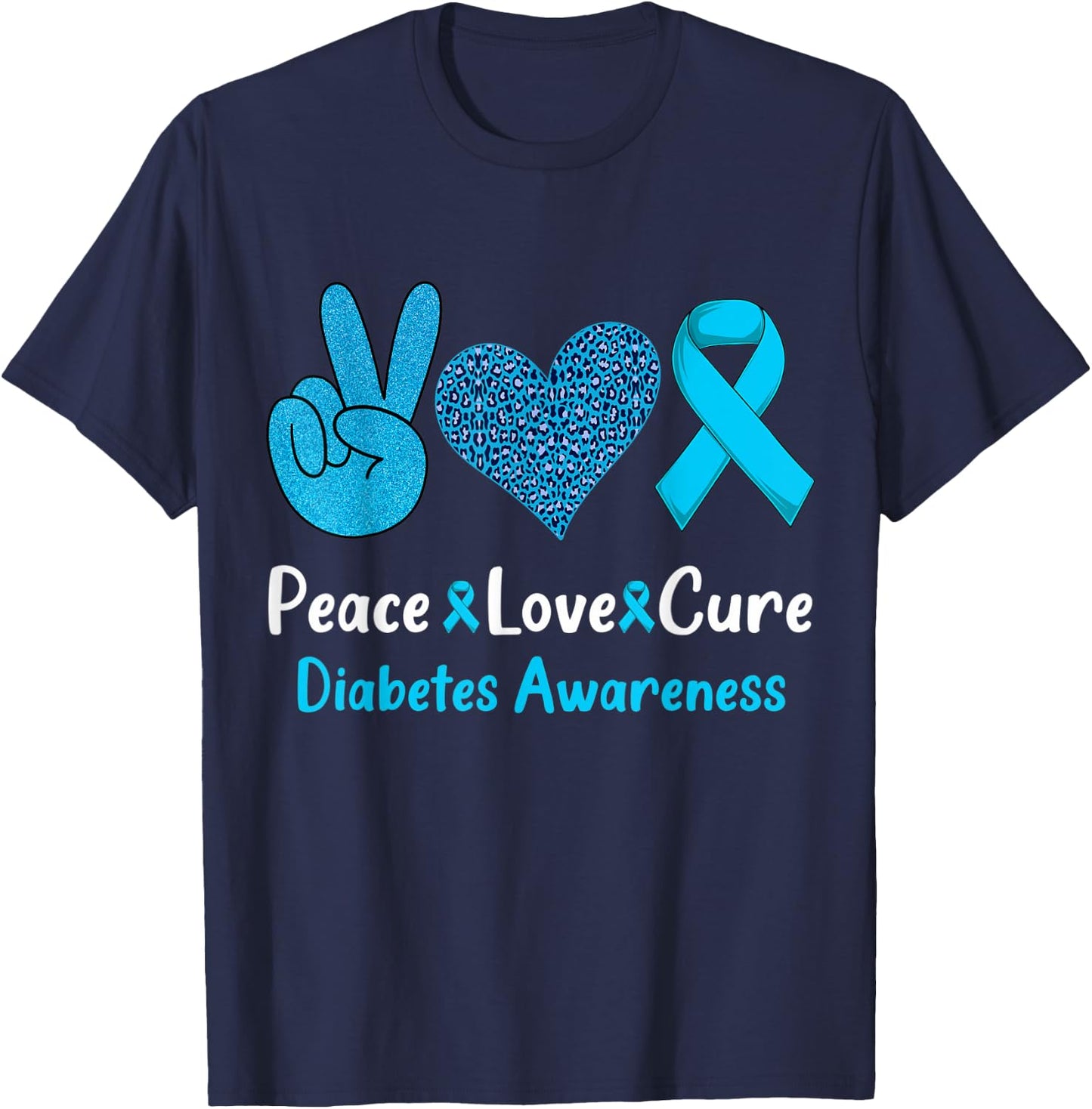 Peace Love Cure Diabetes Awareness Leopard Men Women Kid T1D T-Shirt - T-Shirt | Navy