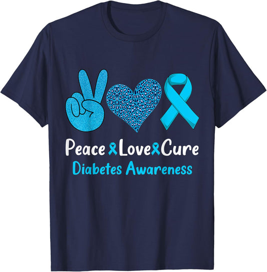 Peace Love Cure Diabetes Awareness Leopard Men Women Kid T1D T-Shirt - T-Shirt | Navy
