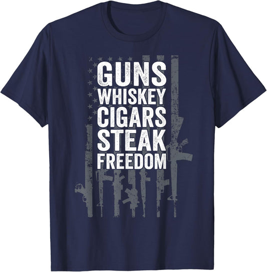 Guns Whiskey Cigars Steak Freedom - Funny Drinking Grill BBQ T-Shirt - T-Shirt | Navy