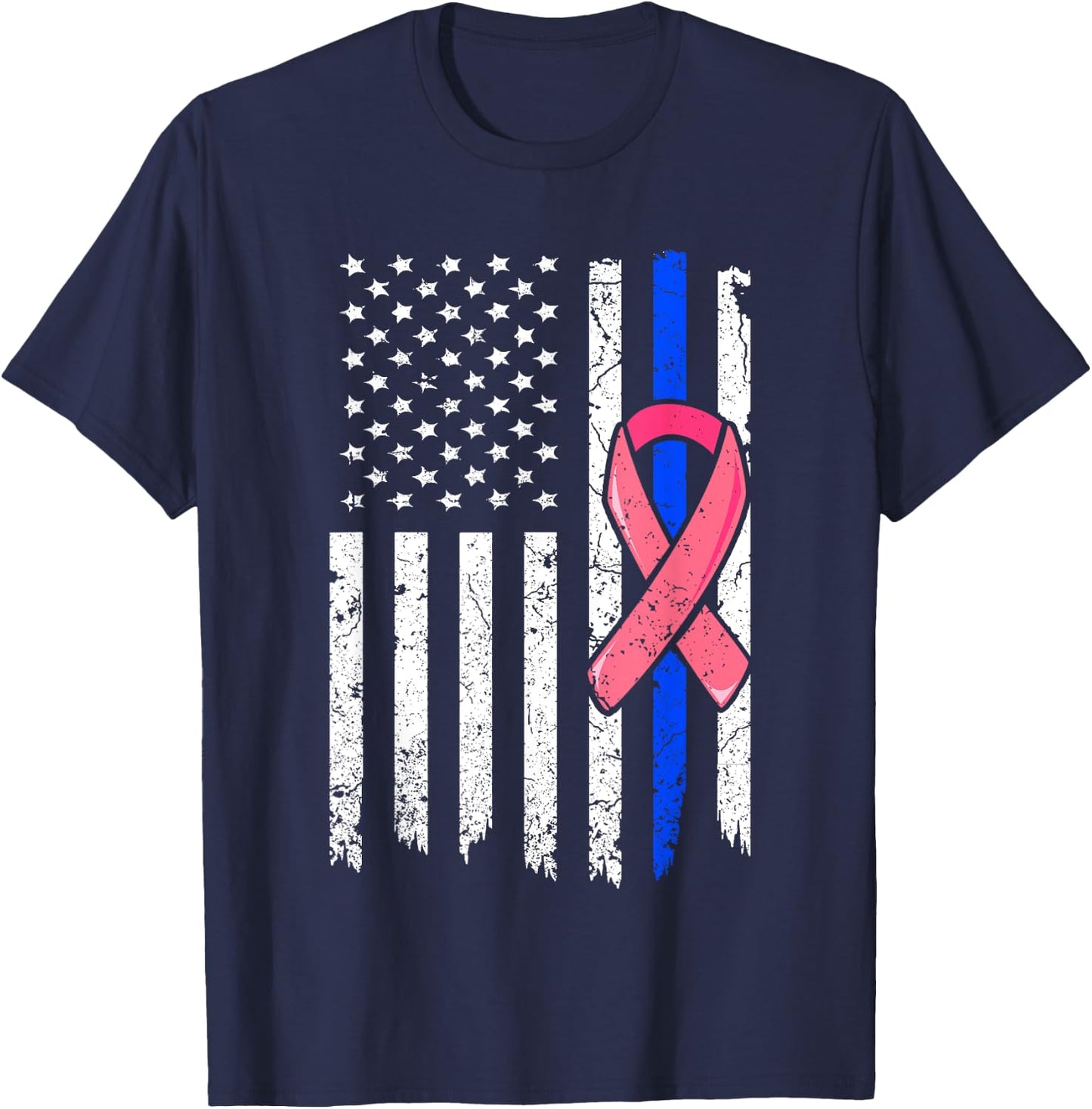 Breast Cancer Police American Flag Shirt Pink Ribbon Fighter T-Shirt - T-Shirt | Navy