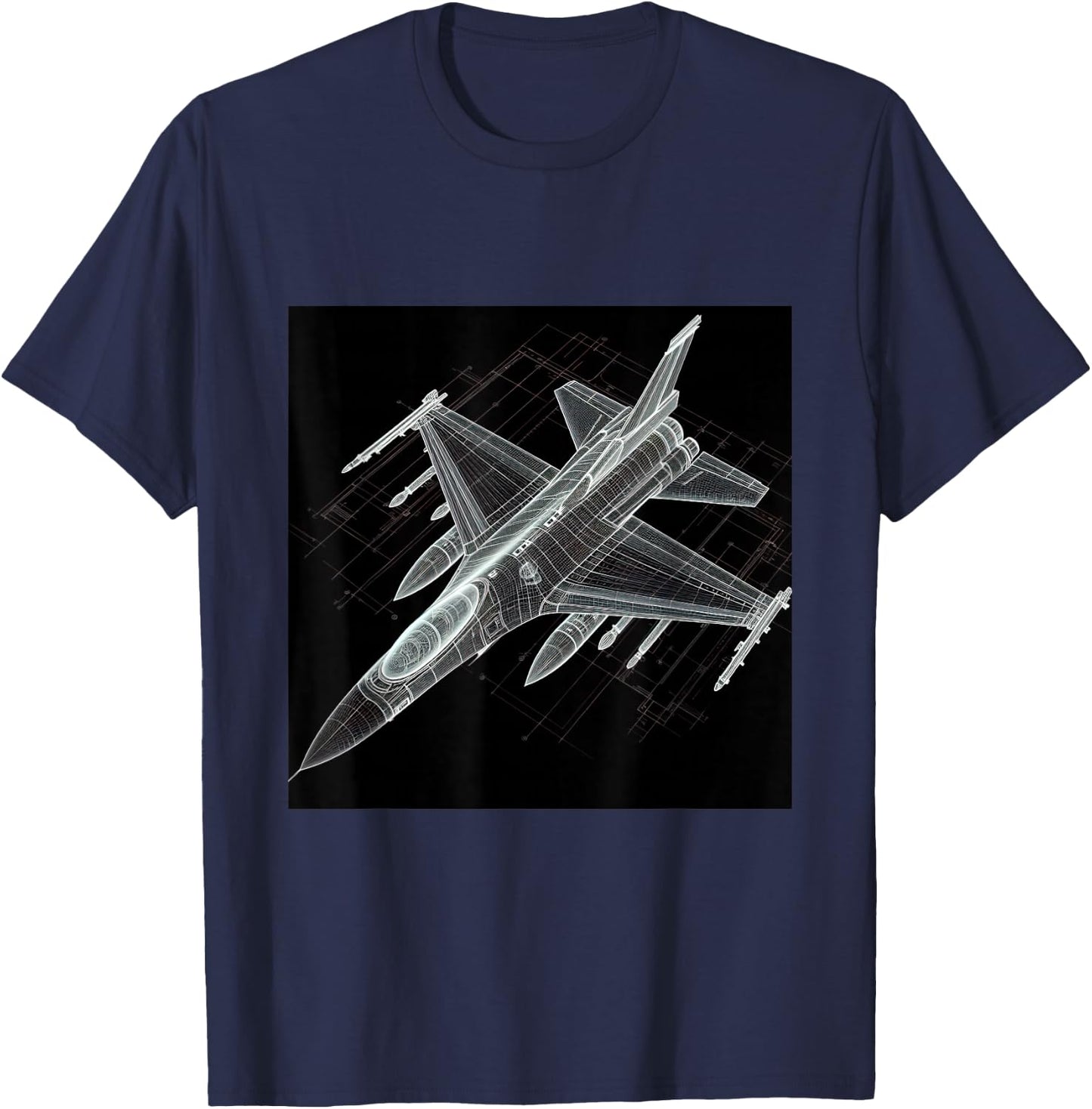 F16 Viper Jet Fighter Wireframe Blueprint T-Shirt - T-Shirt | Navy