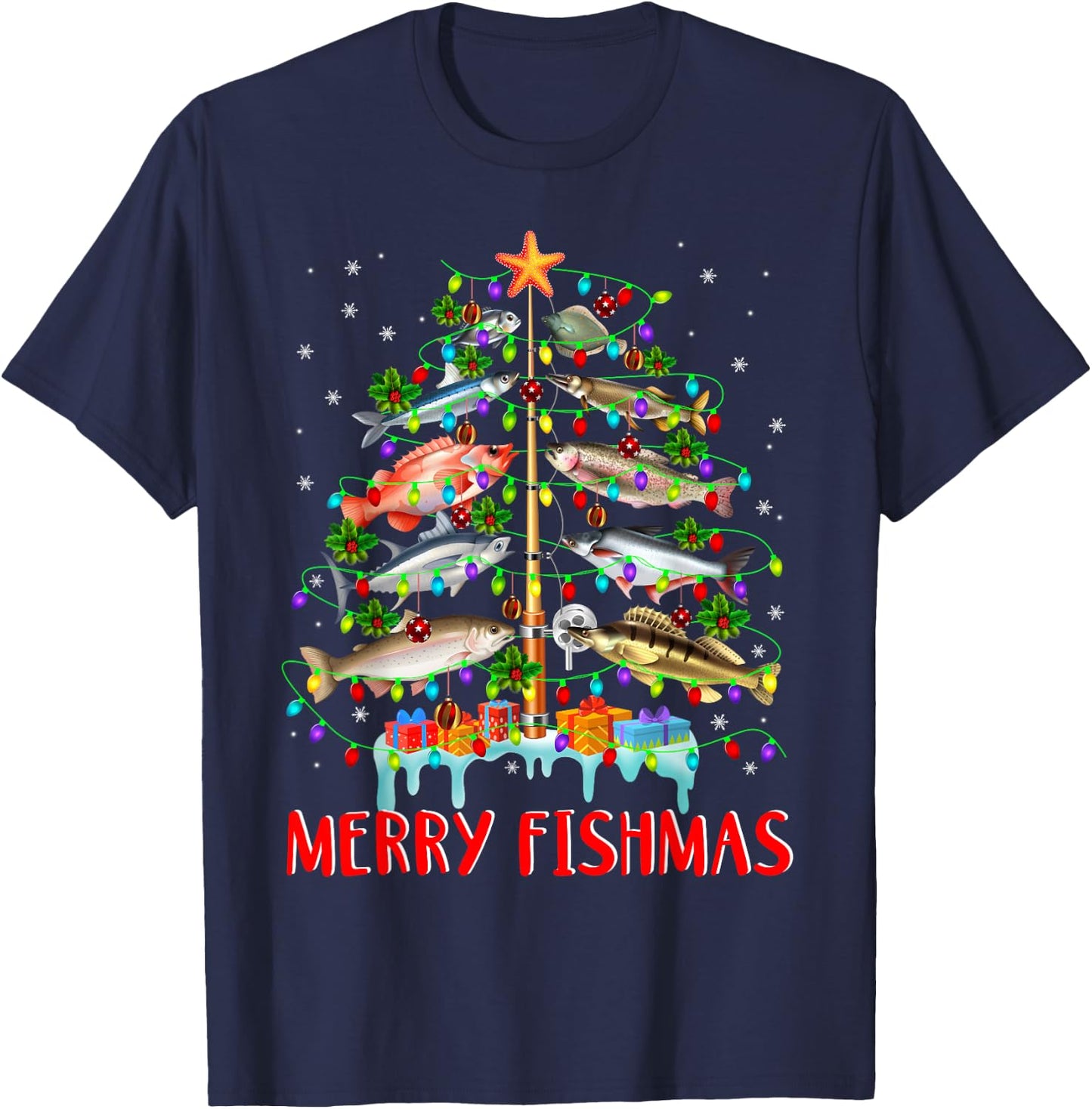 Merry Fishmas Funny Christmas Tree Lights Fish Fishing Rod T-Shirt - T-Shirt | Navy
