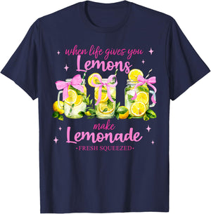 Retro When Life Gives You Lemons Pink Coquette Bow Lemonade T-Shirt - T-Shirt | Navy