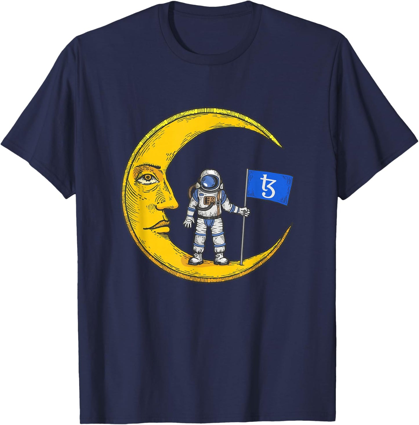 Tezos Logo Crypto Flag On Moon To Hodl XTZ Bull Market T-Shirt - T-Shirt | Navy