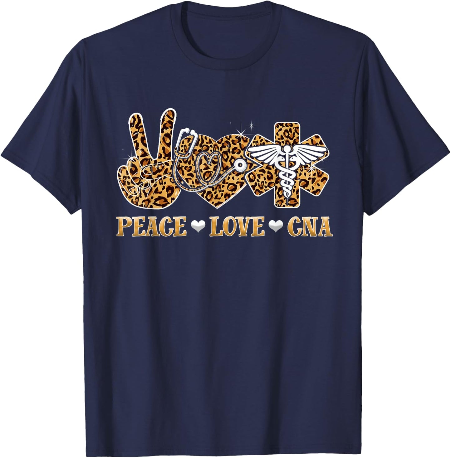 Peace Love Cna Nurse Life Leopard Print Stethoscope Heart T-Shirt - T-Shirt | Navy