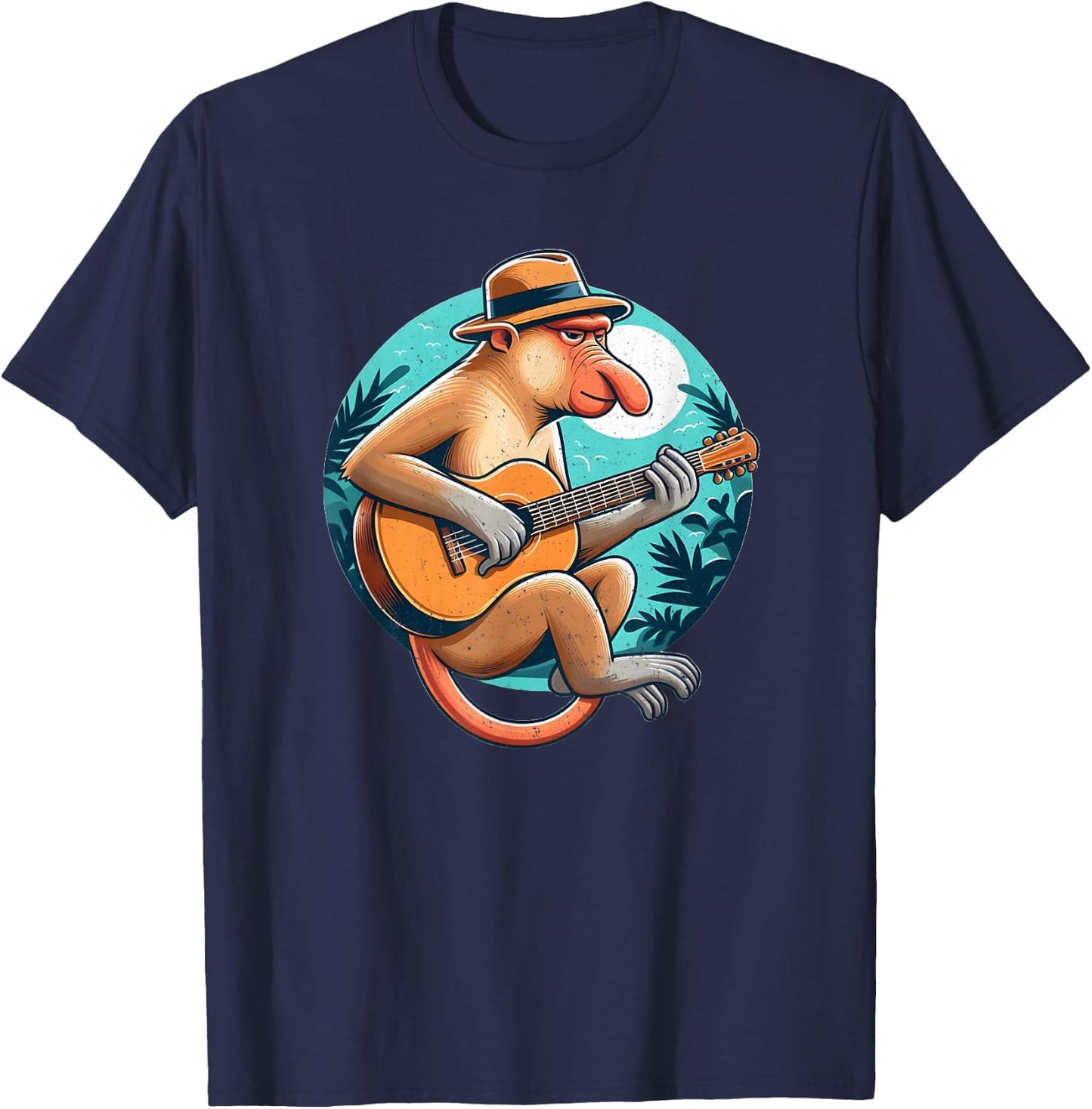 Proboscis Monkey Playing Guitar with Hat T-Shirt - T-Shirt | Navy