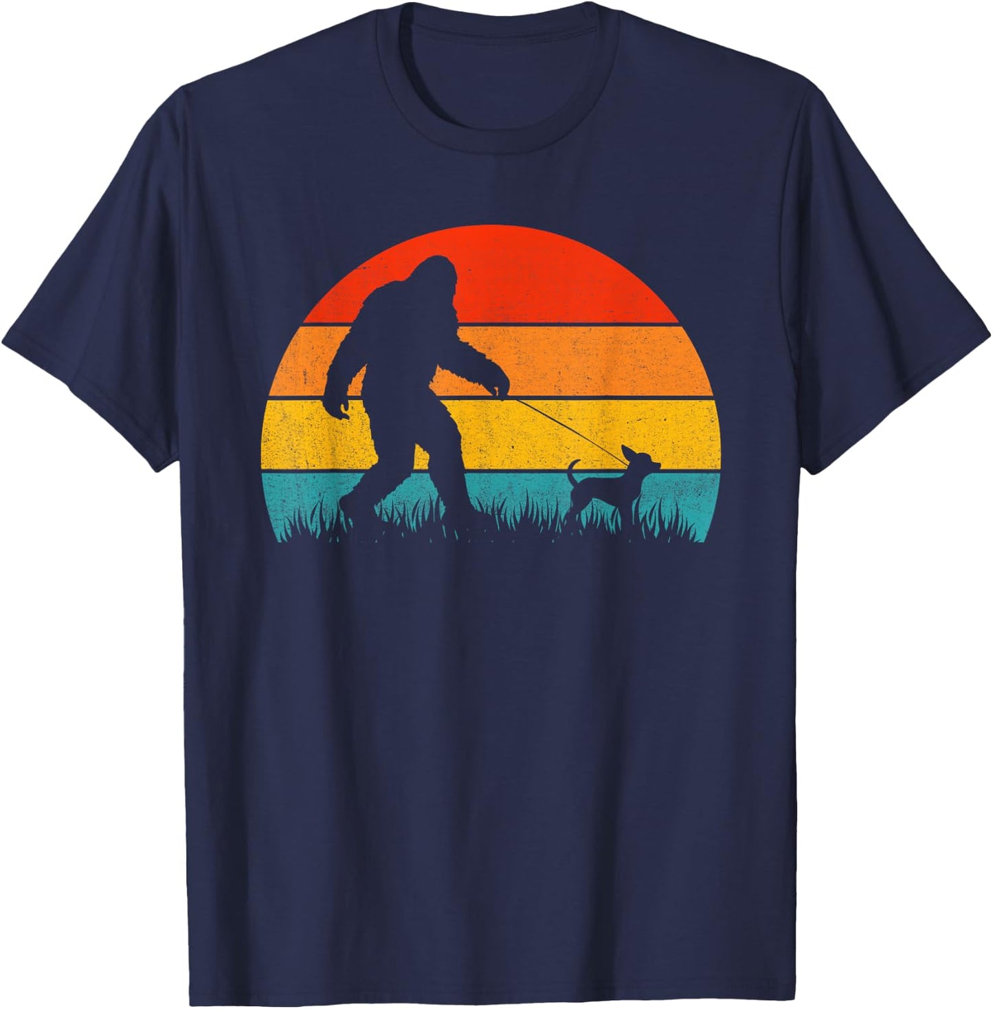 Bigfoot Walking Retro Sunset Off Sasquatch & Chihuahua Dog T-Shirt - T-Shirt | Navy