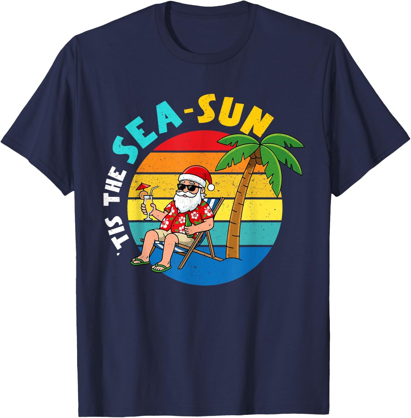 Tis The Sea Sun Santa Beach Summer Christmas in July Boys T-Shirt - T-Shirt | Navy