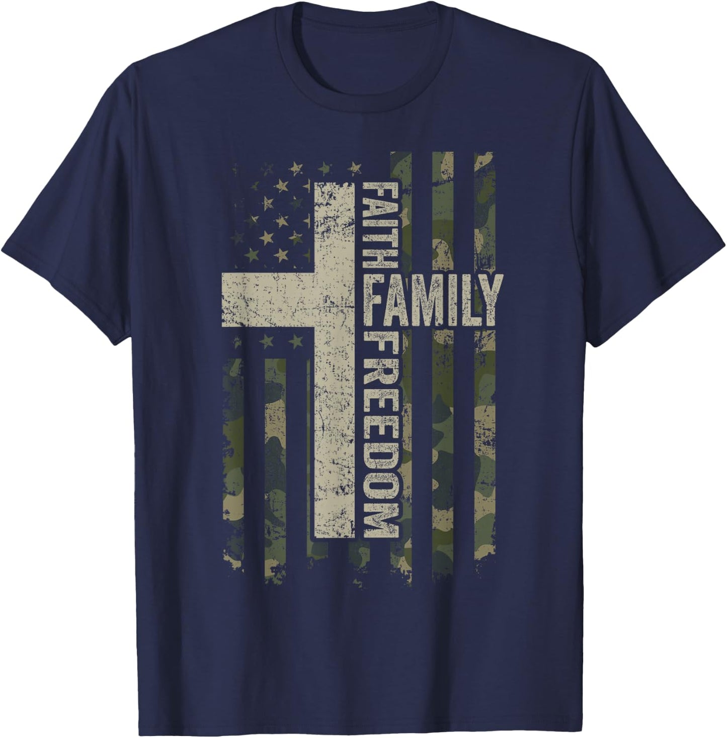 Faith Family & Freedom - Patriotic Christian Camo USA Flag T-Shirt - T-Shirt | Navy