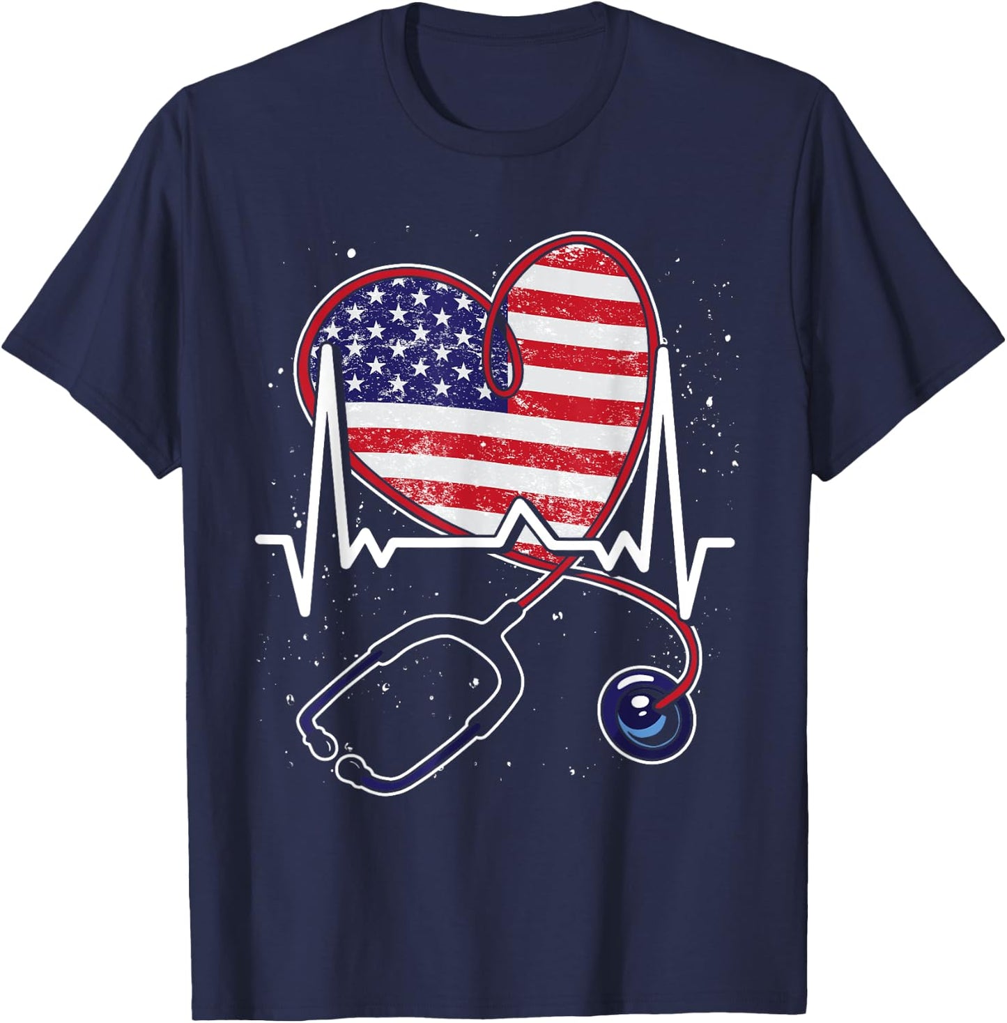 Heart US Flag RN Patriotic LPN Heartbeat Stethoscope Nurse T-Shirt - T-Shirt | Navy