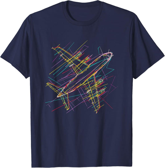 Vintage Airplane Line Art Aviation Lover T-Shirt - T-Shirt | Navy
