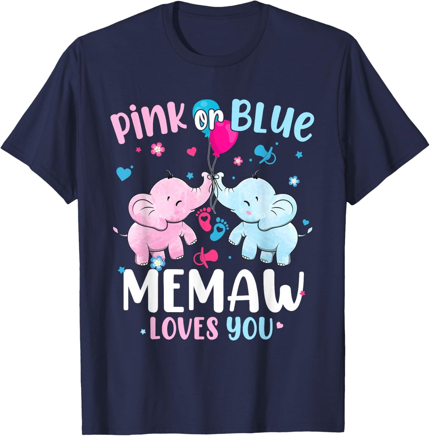 Pink or Blue Memaw Loves You Gender Reveal Elephant Grandma T-Shirt - T-Shirt | Navy