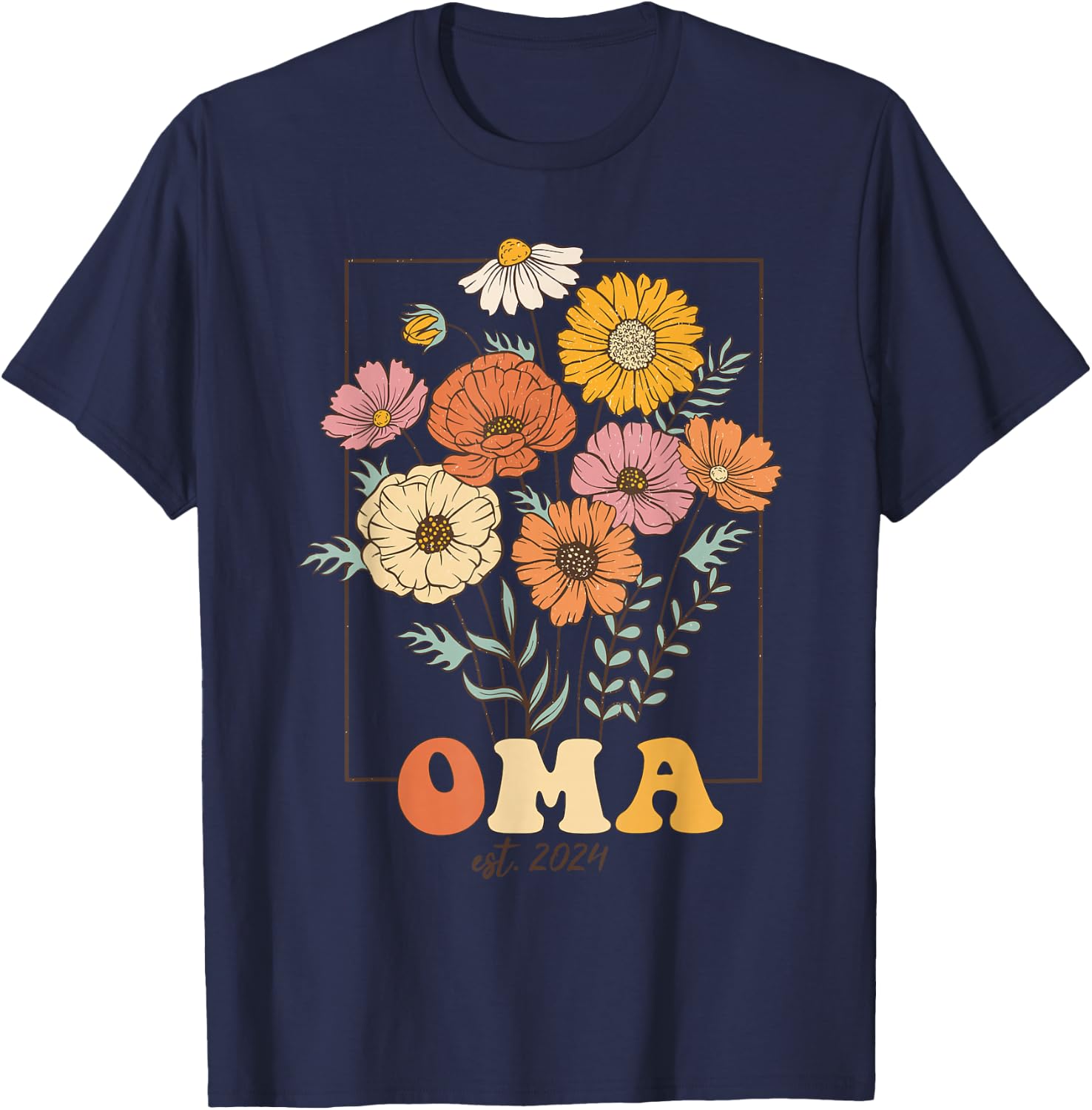 Wildflowers Oma New Baby Announcement Oma Grandma Est 2024 T-Shirt - T-Shirt | Navy