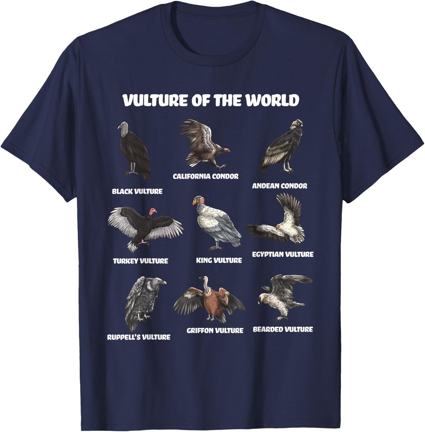 Vultures of the World Eductional Animal Bird T-Shirt - T-Shirt | Navy