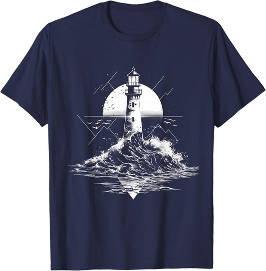 Lighthouse Sailing Sea Beach Boating Seaside House T-Shirt - T-Shirt | Navy