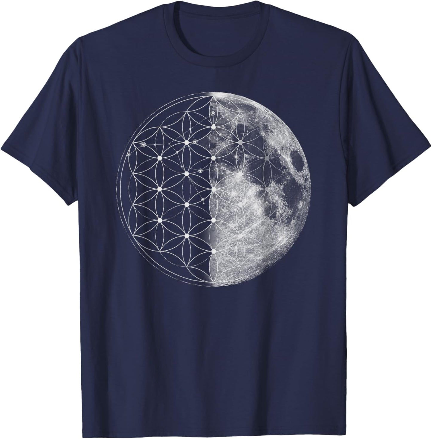 The Dharma Store - Flower of Life Moon - Sacred Geometry T-Shirt - T-Shirt | Navy