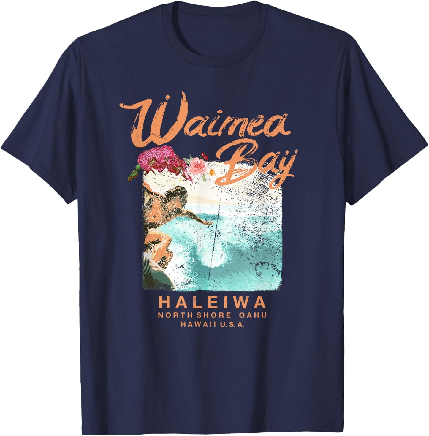 Hawaii Waimea Bay Vintage Hawaiian Surfing T Shirt T-Shirt - T-Shirt | Navy