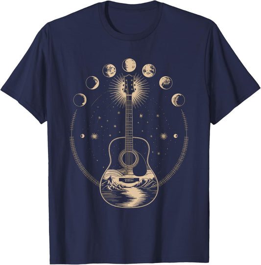 Acoustic Guitar Moon Phases Celestial Music T-Shirt - T-Shirt | Navy
