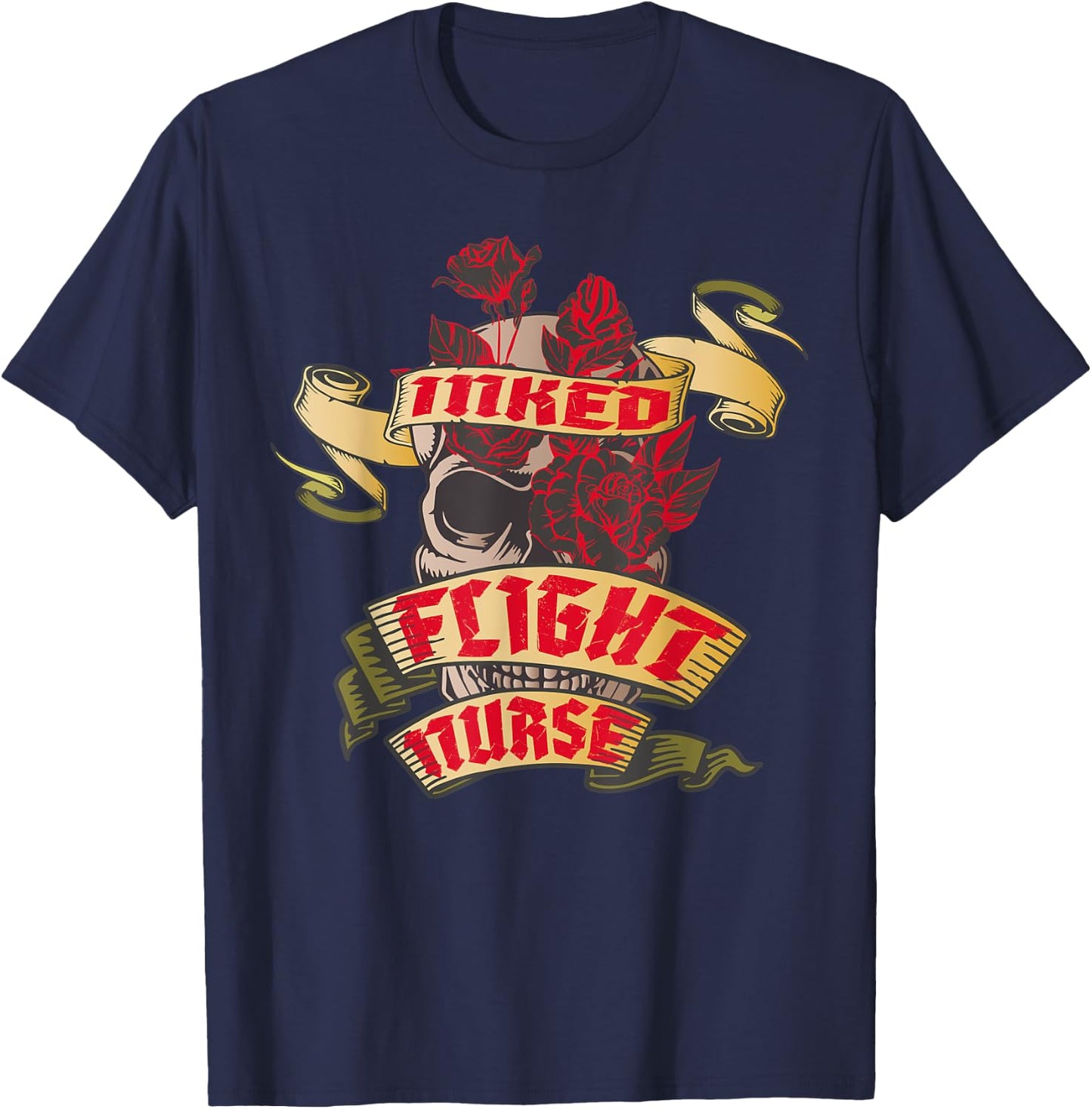 Flight Nurse Inked Skull & Red Roses Tattoo T-Shirt - T-Shirt | Navy