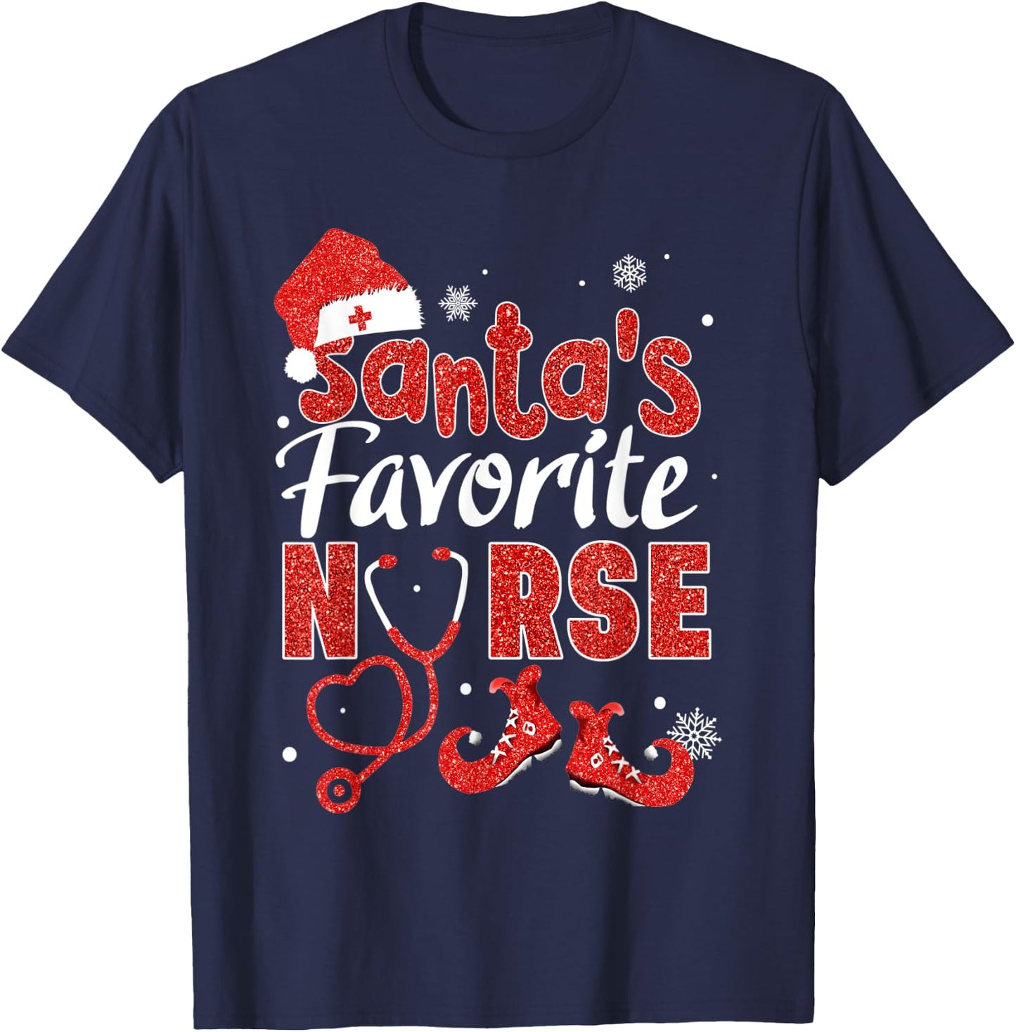 Santa's Favorite Nurse Red Glitter Christmas Pajamas Xmas T-Shirt - T-Shirt | Navy