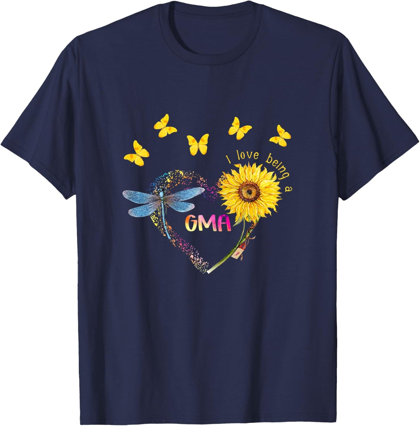 Personalized I Love Being Gma Sunflower Dragonfly T-Shirt - T-Shirt | Navy