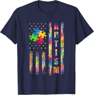 Autism Awareness Flag Shirts, American Flag Autism Dad Mom T-Shirt - T-Shirt | Navy