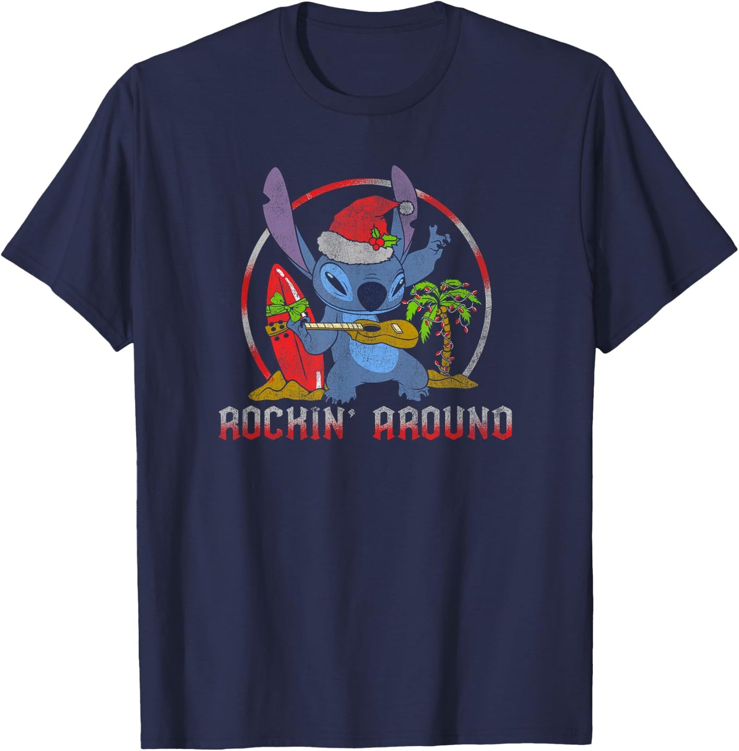 Disney Lilo & Stitch Christmas Rockin' Around Music T-Shirt - T-Shirt | Navy