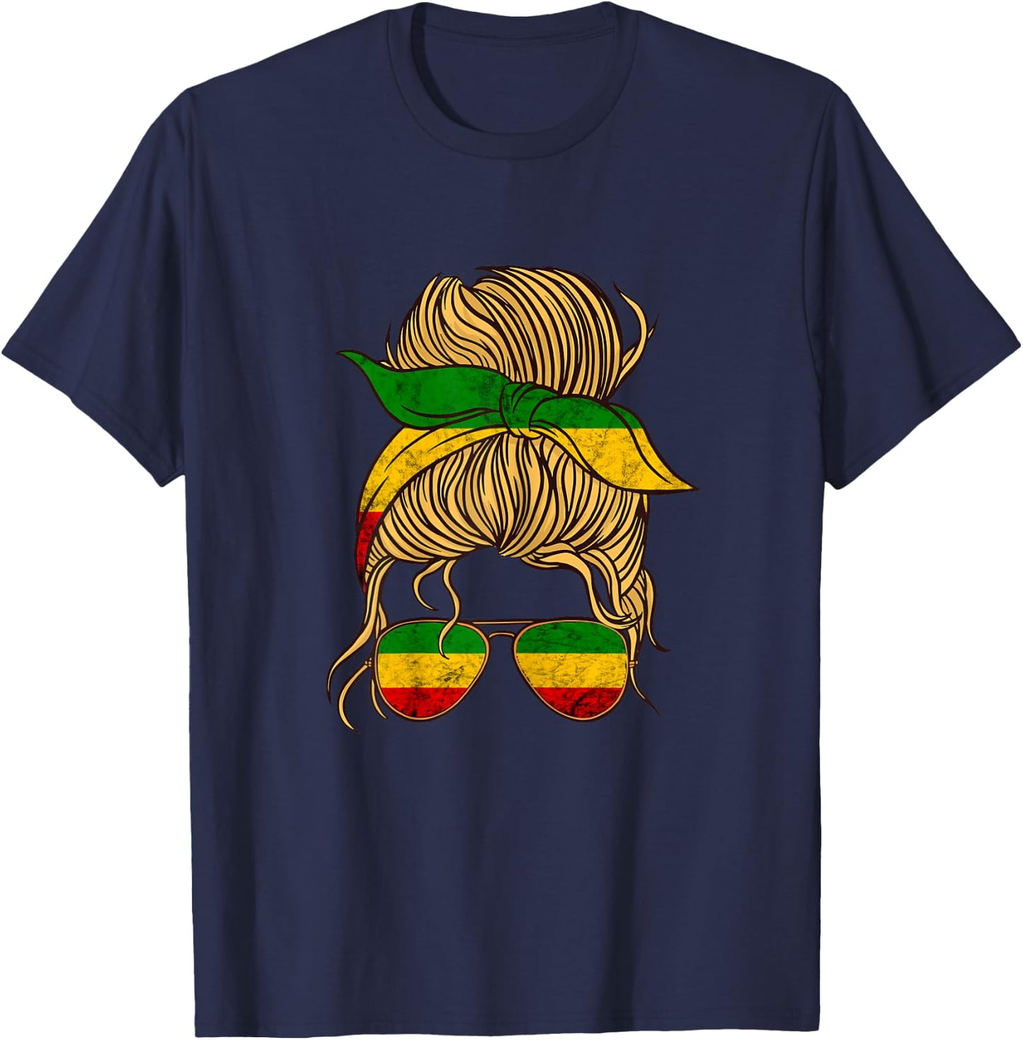 Rasta Reggae Messy Bun Hair Jamaica Hippie Rastafari T-Shirt - T-Shirt | Navy