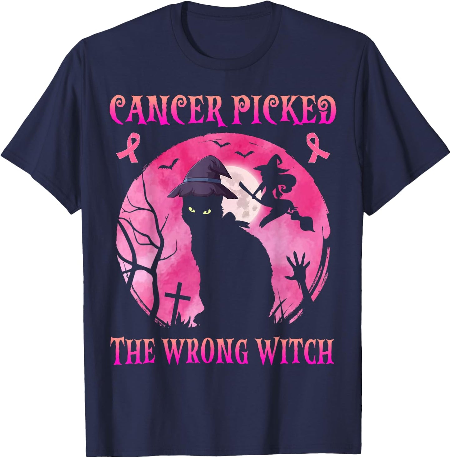 Cancer Picked The Wrong Witch Breast Cancer Halloween Cat T-Shirt - T-Shirt | Navy