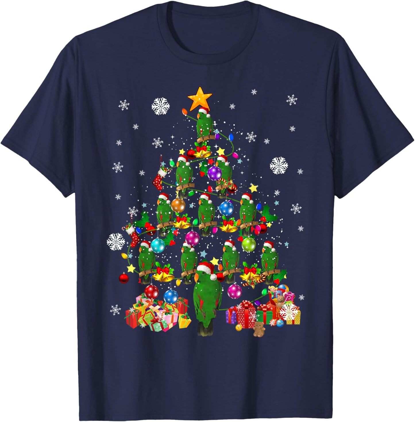 Santa Eclectus Birds Christmas Tree Lights Santa Parrots T-Shirt - T-Shirt | Navy