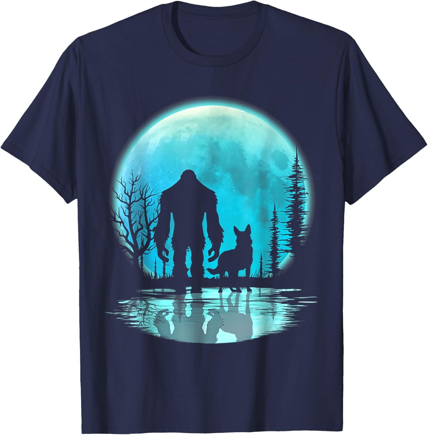 Bigfoot German Shepherd Dog Walk Moon and Darkness T-Shirt - T-Shirt | Navy