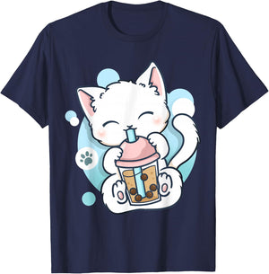 Cat Boba Tea Bubble Tea Anime Kawaii Neko T-Shirt - T-Shirt | Navy