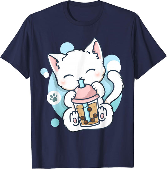 Cat Boba Tea Bubble Tea Anime Kawaii Neko T-Shirt - T-Shirt | Navy