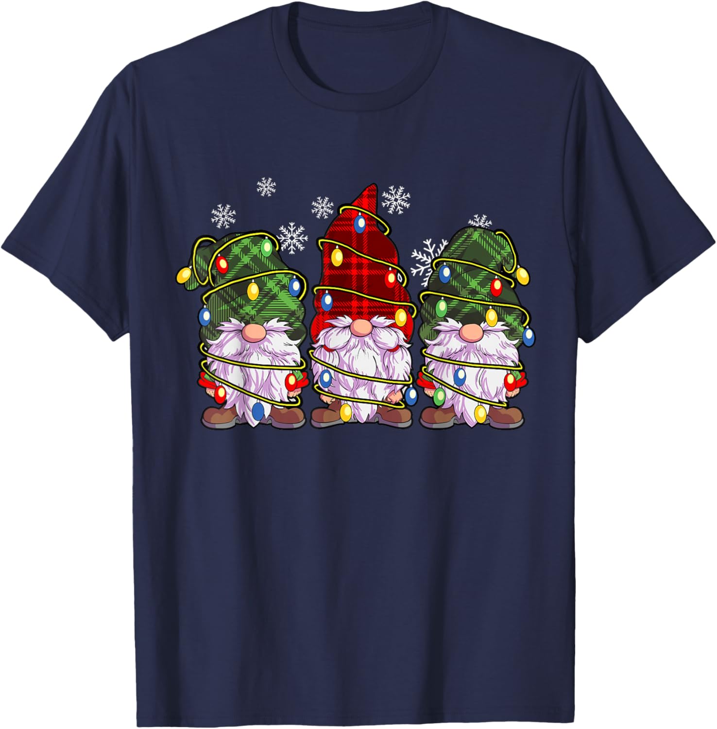 Three Gnomes Men Women Buffalo Plaid Red Christmas T-Shirt - T-Shirt | Navy