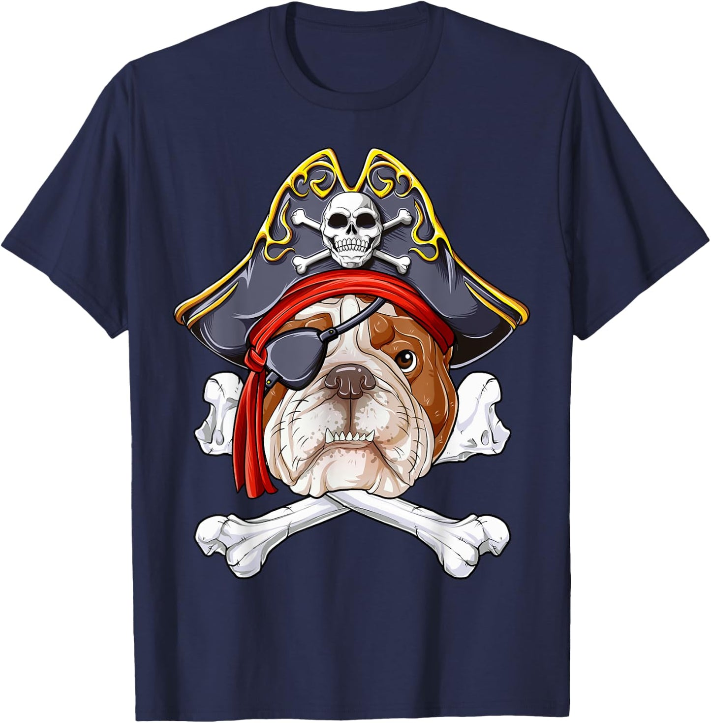 English Bulldog Pirate Jolly Roger Flag Skull Crossbones T-Shirt - T-Shirt | Navy