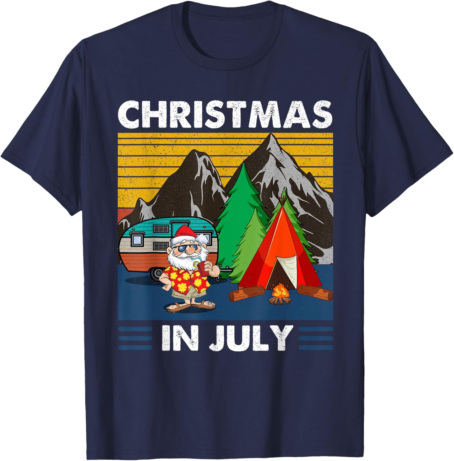 Vintage Santa with Camping Tent Fire Camp Christmas in July T-Shirt - T-Shirt | Navy