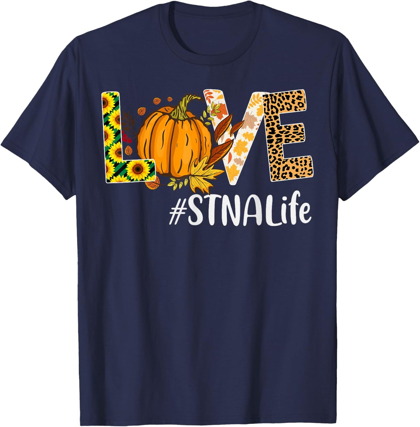STNA Life Love Fall Pumpkin leopard Halloween Autumn T-Shirt - T-Shirt | Navy
